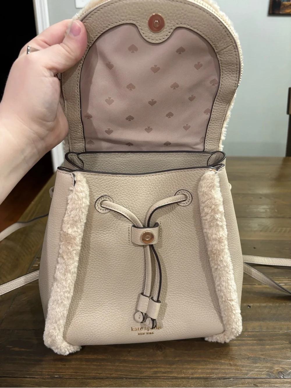 Kate Spade Leila Medium Flap Backpack with Faux Shearling Trim